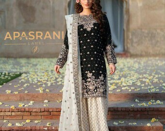 Black Embroidered Suit Set | Heavy Sequence Work Kurti with Dupatta & Pant | Indian Salwar Suit