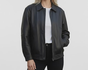 Women's Handmade 90's Vintage Oversized Black Real Leather Jacket - Womens 90's Oversized Jacket