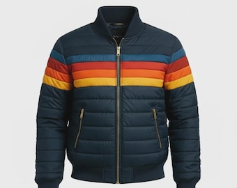 Chaqueta bomber unisex hecha a mano con rayas arcoíris - Chaqueta acolchada unisex arcoíris