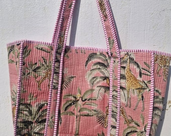 Handmade Jungle Print Quilted Cotton Tote Bag: Travel Beach Shopper