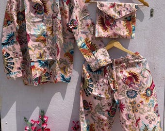 Hand Block Print Cotton Pajama Set: Floral Indian Night Suit