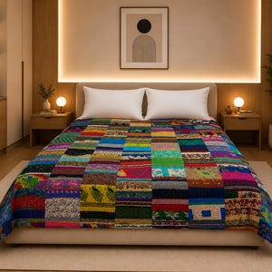 May include: A colorful patchwork quilt covers a bed in a bedroom. The quilt features a variety of fabrics in shades of blue, green, red, and yellow. The bed has white pillows and is set against a neutral-toned wall.