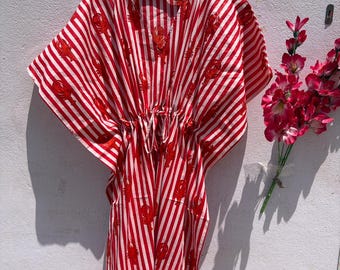 Caftan en coton rouge fait main à imprimé homard