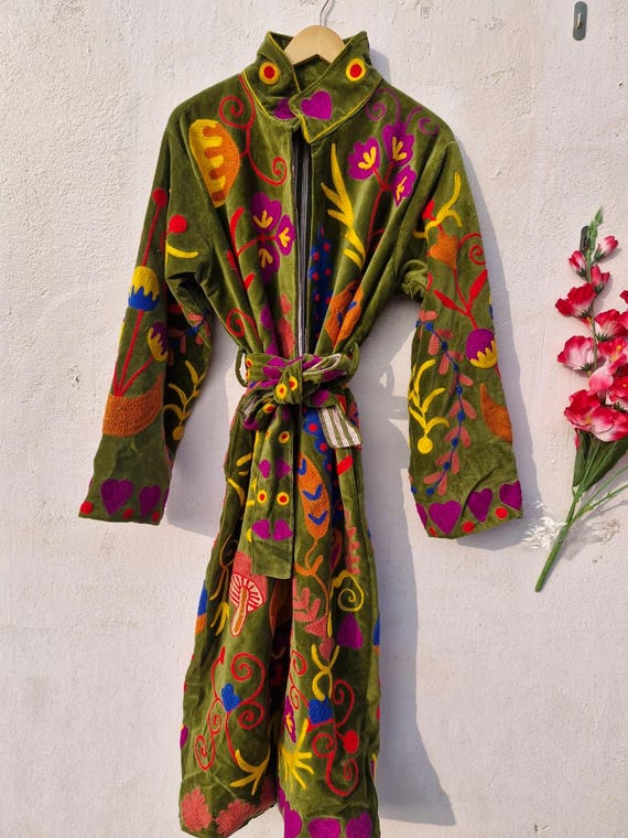Hand Embroidered Suzani Velvet Kimono, Winter Cotton Coat, Green Floral Jacket