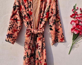 Peach Bird Print Velvet Kimono Robe, Long Cotton Banyan with Tassels
