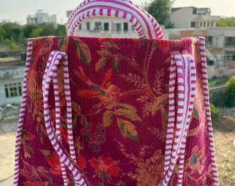 Green Floral Velvet Tote Bag, Handmade Quilted Boho Shoulder Carryall, Reusable Market