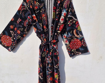 Handmade Cotton Velvet Kimono Robe: Floral Print Bridal Robe