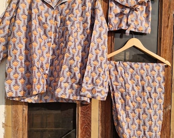 Handmade Cotton Pajama Set: Block Print Boho Loungewear with Pouch