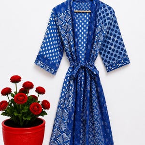 Men’s Cotton Block print House Robe Kimono - Indigo White Blue Patchwork Geometric Garden