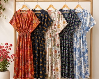 Pink Floral Cotton Kaftan Dress: Boho Beach Cover Up, Summer Maxi Lounge Wear