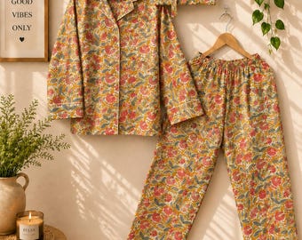 Gekreukte katoenen pyjamaset, zachte mousseline loungewear