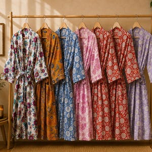 May include: Seven long-sleeved robes hanging on a wooden rack, each featuring a distinct floral or mandala-inspired pattern in various colours including white, yellow, blue, pink, red, and purple, all with matching waist ties and open fronts.