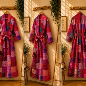 Puede incluir: Una bata de manga larga con un vibrante diseño de patchwork en varios tonos de rosa, rojo y morado. La prenda incluye un cinturón de tela a juego en la cintura, cuello tipo chal y una silueta larga con una textura acolchada.
