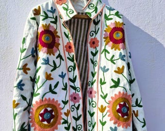 Handmade Suzani Embroidery Jacket: Boho Quilted Cotton Coat
