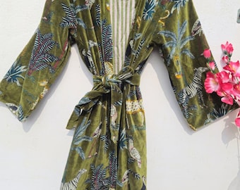 Green Velvet Cotton Kimono Robe, Reversible Kantha Jacket