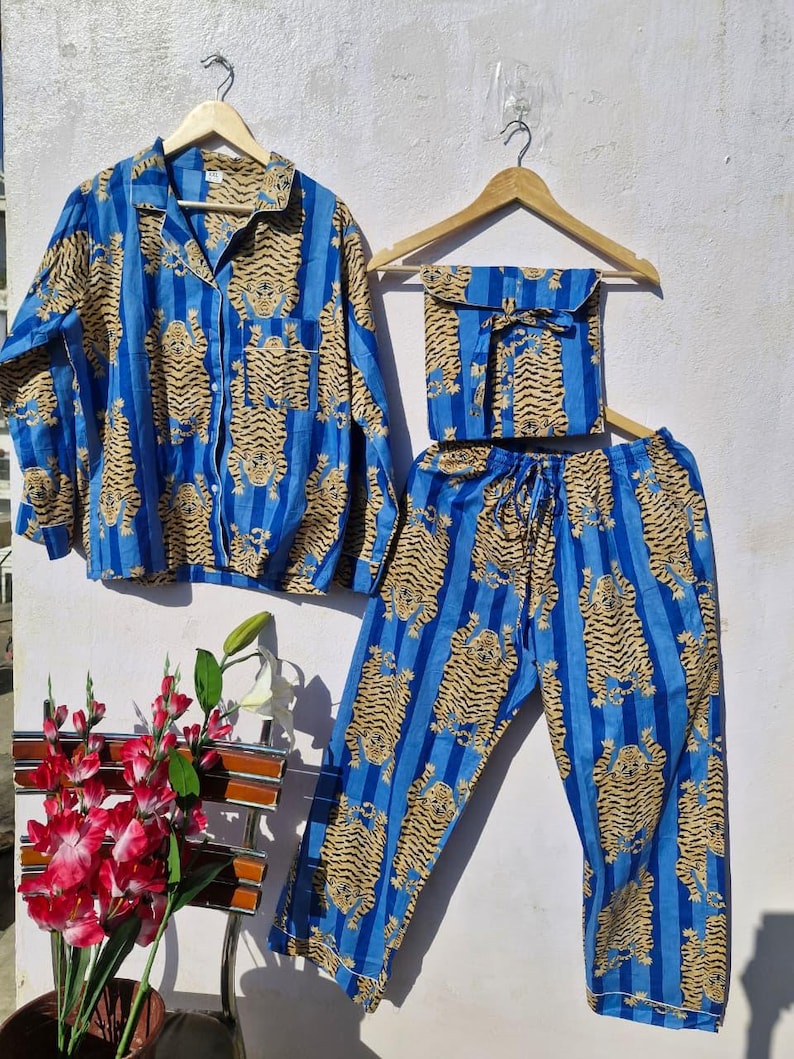 Personalized Pink Cotton Pajama Set | Tiger Print with Tote & Pouch image 12