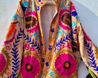 Velvet Suzani Embroidery Jacket: Indian Boho Cotton Coat