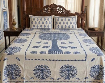 Blaue Baum Elefanten Print Baumwolle Bettlaken, Indischer Block Print Queen King Size Bettlaken