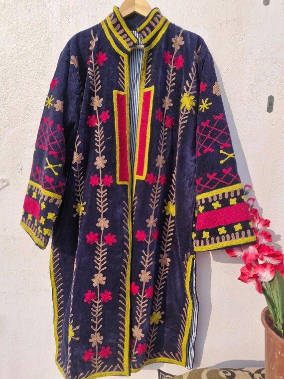 Suzani Velvet Long Jacket | Handmade Floral Embroidered Boho Winter Coat