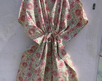Pink Floral Cotton Kaftan Dress: Boho Beach Cover Up, Summer Maxi Lounge Wear