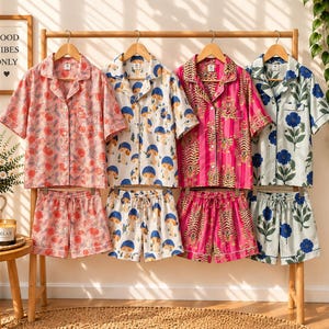 Set pigiama corto in cotone floreale per donna, 3 pezzi, pigiama con bottoni, set estivo