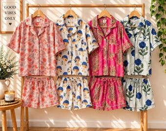 Floral Baumwolle Pyjama Shorts Set für Frauen, 3-teiliger PJ, Button Down Nachtwäsche, Sommer Set