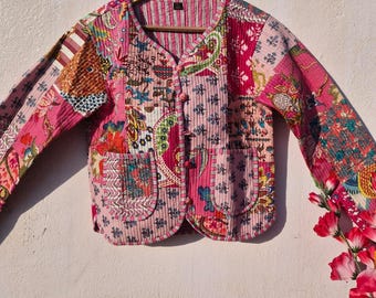 Floral Kantha Quilted Cotton Jacket: Pink Patchwork Reversible Coat