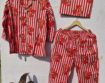 Handmade Cotton Pajama Set:  Strawberry Print Boho Loungewear with Pouch