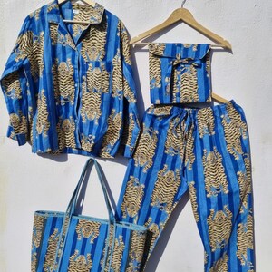 Personalized Pink Cotton Pajama Set | Tiger Print with Tote & Pouch Blue