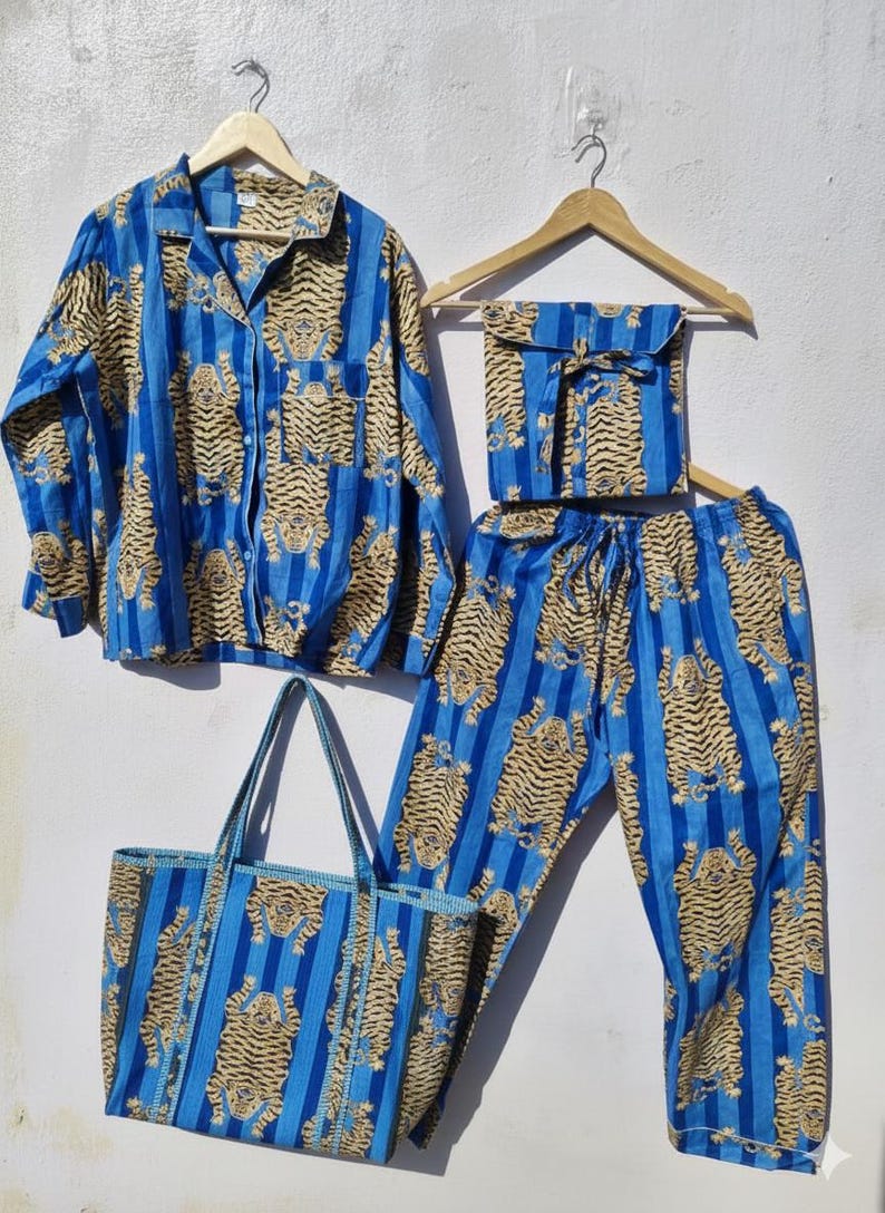 Personalized Pink Cotton Pajama Set | Tiger Print with Tote & Pouch Blue