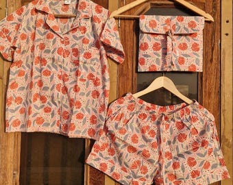 Floral Cotton Pajama Shorts Set for Women, 3 Piece PJ , Button Down Sleepwear, Summer  Set