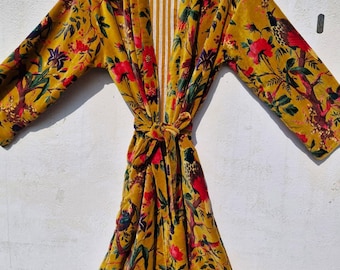 OFMD Yellow Bird Print Velvet Kimono Robe, Cotton Banyan