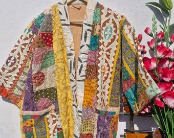 Handmade Kantha Quilted Kimono Jacket | Reversible Boho Coat