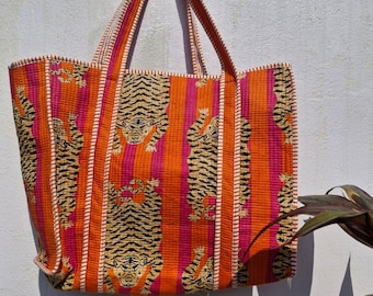 Handmade Jungle Print Quilted Cotton Tote Bag: Travel Beach Shopper