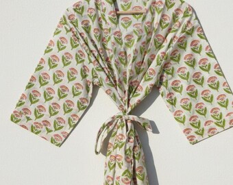 Handmade Cotton Kimono Robe, Block Print Floral Dressing Gown