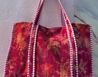 Handmade Quilted Floral Tote Bag, Cotton Velvet Shoulder Totes, Reversible Patchwork Market Bag