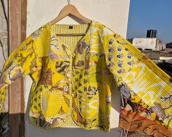 Floral Kantha Quilted Jacket, Reversible Bohemian Cotton Patchwork Coat