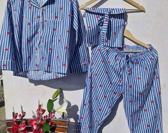 Blue Stripe Heart Pajama Set, Cotton Sleepwear, Cute Lounge Wear, Women Night Suit