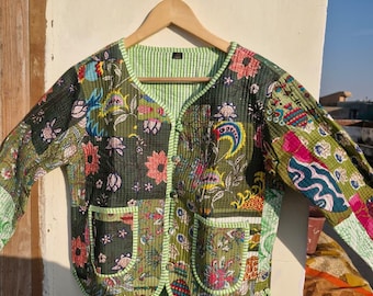 Handgemaakt patchwork gewatteerd katoenen jack, omkeerbare boho-jas
