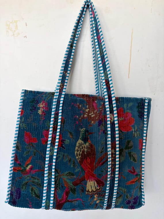 Floral Velvet Tote Bag | Handmade Quilted Shoulder Bag | Boho Everyday Carry
