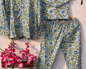 Set Panama in cotone con stampa a blocchi: abbigliamento da casa boho con marsupio