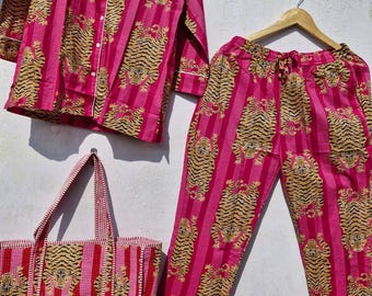 Personalized Pink Cotton Pajama Set | Tiger Print with Tote & Pouch