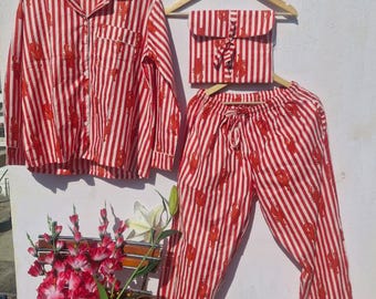 Lobster Block Print Cotton Pajama Set for Women | Handcrafted Indian Striped Night Suit | Soft Muslin Loungewear