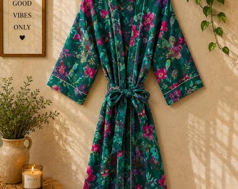 Green Bird Print Cotton Kimono Robe: Bridesmaid Wedding Kaftan