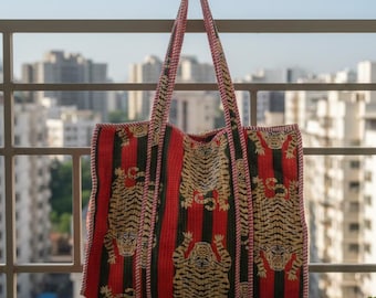 Tiger Print Cotton Tote Bag Eco Friendly Sustainable Sturdy Grocery Shopping Handbag Quilted Bag