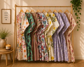 Floral Indian Cotton Kaftan Dress: Hand Printed, Free Size