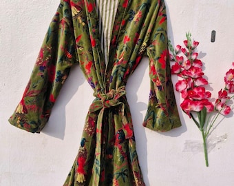 OFMD Bird Print Velvet Kimono Robe, Green Cotton Banyan With Tassels