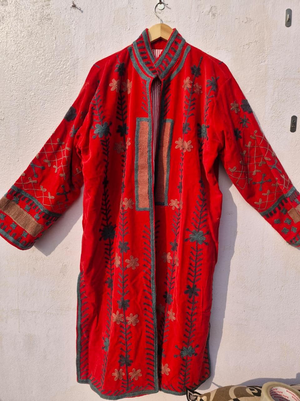Orange Suzani Embroidered Velvet Long Jacket Reversible Stripe Lining Vintage Boho Handmade Coat Winter