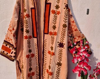 Suzani Embroidered Velvet Long Jacket Festival & Wedding Wear | Reversible Boho Floral Handmade Ethnic Coat