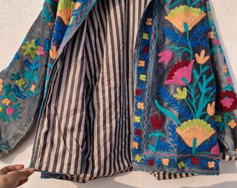 Vintage Floral Kantha Quilted Cotton Jacket, Reversible Boho Coat